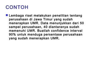 CONTOH 
 Lembaga riset melakukan penelitian tentang 
perusahaan di Jawa Timur yang sudah 
menerapkan UMR. Data menunjukkan dari 50 
sampel perusahaan, 40 diantaranya sudah 
memenuhi UMR. Buatlah confidence interval 
90% untuk menduga persentase perusahaan 
yang sudah menerapkan UMR. 
 