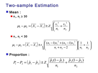 Two-sample Estimation 
 Mean : 
 n1, n2 ³ 30 
m m X X Z s 
1 2 1 2 n 
 n1, n2 < 30 
2 
m - m = X - X ± t n - s + n - 
s 
 Proportion : 
ö 
æ 
( ) ÷ ÷ø 
ç çè 
2 
1 
- = - ± + 
2 
2 
2 
1 
s 
n 
æ 
( ) æ 
ö 
÷ø 
÷ + ÷ ÷ø 
ç çè 
ö 
ç çè 
( 1) ( 1) 
2 2 
1 1 
n + n - 
n n 
2 
1 2 1 2 
1 2 1 2 
1 1 
2 
ˆ ˆ ˆ (1 ˆ ) ˆ (1 ˆ ) 
P - P = p - p ± Z p - p + - 
( ) 
p p 
2 2 
2 
1 1 
1 
1 2 1 2 
n 
n 
 