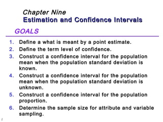 l 
Chapter Nine 
Estimation and Confidence IInntteerrvvaallss 
GOALS 
1. Define a what is meant by a point estimate. 
2. Define the term level of confidence. 
3. Construct a confidence interval for the population 
mean when the population standard deviation is 
known. 
4. Construct a confidence interval for the population 
mean when the population standard deviation is 
unknown. 
5. Construct a confidence interval for the population 
proportion. 
6. Determine the sample size for attribute and variable 
sampling. 
 