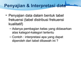 Penyajian & Interpretasi data
• Penyajian data dalam bentuk tabel
frekuensi (tabel distribusi frekuensi
kualitatif)
– Adanya pembagian kelas yang didasarkan
atas kategori-kategori tertentu
– Contoh : interpretasi apa yang dapat
diperoleh dari tabel dibawah ini ?
 