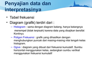 Penyajian data dan
interpretasinya
• Tabel frekuensi
• Diagram (grafik) terdiri dari :
– Histogram : sama dengan diagram batang, hanya batangnya
menempel (tidak terpisah) karena data yang disajikan bersifat
Kontinyu
– Poligon Frekuensi : grafik yang dihasilkan dengan
menghubungkan puncak dari masing-masing nilai tengah kelas
histogram.
– Ogive : diagram yang dibuat dari frekuensi kumulatif. Sumbu
horizontal menggunakan kelas, sedangkan sumbu vertikal
menggunakan frekuensi kumulatif
 