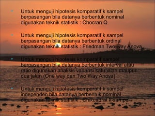 

Untuk menguji hipotesis komparatif k sampel
berpasangan bila datanya berbentuk nominal
digunakan teknik statistik : Chocran Q



Untuk menguji hipotesis komparatif k sampel
berpasangan bila datanya berbentuk ordinal
digunakan teknik statistik : Friedman Two-way Anova



Untuk menguji hipotesis komparatif sampel
berpasangan bila datanya berbentuk interval atau
ratio digunakan analisis variansi satu jalan maupun
dua jalan (One way dan Two Way Anova)



Untuk menguji hipotesis komparatif k sampel
independen bila datanya berbentuk nominal
digunakan teknik statistik : Chikuadrat k sampel

 