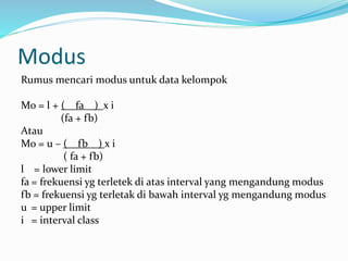 Modus 
Rumus mencari modus untuk data kelompok 
Mo = l + ( fa ) x i 
(fa + fb) 
Atau 
Mo = u – ( fb ) x i 
( fa + fb) 
l = lower limit 
fa = frekuensi yg terletek di atas interval yang mengandung modus 
fb = frekuensi yg terletak di bawah interval yg mengandung modus 
u = upper limit 
i = interval class 
 