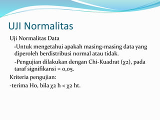 UJI Normalitas 
Uji Normalitas Data 
-Untuk mengetahui apakah masing-masing data yang 
diperoleh berdistribusi normal atau tidak. 
-Pengujian dilakukan dengan Chi-Kuadrat (χ2), pada 
taraf signifikansi = 0,05. 
Kriteria pengujian: 
-terima H0, bila χ2 h < χ2 ht. 
 