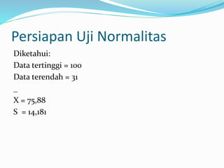 Persiapan Uji Normalitas 
Diketahui: 
Data tertinggi = 100 
Data terendah = 31 
_ 
X = 75,88 
S = 14,181 
 