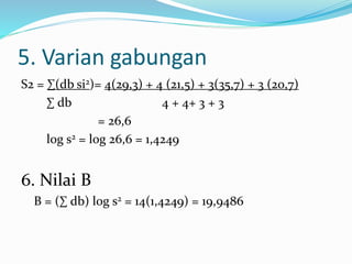 5. Varian gabungan 
S2 = Σ(db si2)= 4(29,3) + 4 (21,5) + 3(35,7) + 3 (20,7) 
Σ db 4 + 4+ 3 + 3 
= 26,6 
log s2 = log 26,6 = 1,4249 
6. Nilai B 
B = (Σ db) log s2 = 14(1,4249) = 19,9486 
 