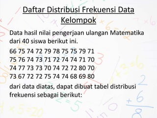 Daftar Distribusi Frekuensi Data
Kelompok
Data hasil nilai pengerjaan ulangan Matematika
dari 40 siswa berikut ini.
66 75 74 72 79 78 75 75 79 71
75 76 74 73 71 72 74 74 71 70
74 77 73 73 70 74 72 72 80 70
73 67 72 72 75 74 74 68 69 80
dari data diatas, dapat dibuat tabel distribusi
frekuensi sebagai berikut:
 