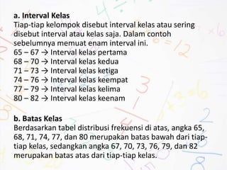 a. Interval Kelas
Tiap-tiap kelompok disebut interval kelas atau sering
disebut interval atau kelas saja. Dalam contoh
sebelumnya memuat enam interval ini.
65 – 67 → Interval kelas pertama
68 – 70 → Interval kelas kedua
71 – 73 → Interval kelas ketiga
74 – 76 → Interval kelas keempat
77 – 79 → Interval kelas kelima
80 – 82 → Interval kelas keenam
b. Batas Kelas
Berdasarkan tabel distribusi frekuensi di atas, angka 65,
68, 71, 74, 77, dan 80 merupakan batas bawah dari tiap-
tiap kelas, sedangkan angka 67, 70, 73, 76, 79, dan 82
merupakan batas atas dari tiap-tiap kelas.
 