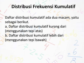 Distribusi Frekuensi Kumulatif
Daftar distribusi kumulatif ada dua macam, yaitu
sebagai berikut.
a. Daftar distribusi kumulatif kurang dari
(menggunakan tepi atas)
b. Daftar distribusi kumulatif lebih dari
(menggunakan tepi bawah)
 