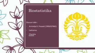 Biostatistika
Disusun oleh :
- Arnindya K. Prasasti (1906337665)
- Catharina
- Chandra
 