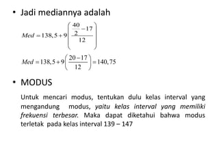 • Jadi mediannya adalah
• MODUS
Untuk mencari modus, tentukan dulu kelas interval yang
mengandung modus, yaitu kelas interval yang memiliki
frekuensi terbesar. Maka dapat diketahui bahwa modus
terletak pada kelas interval 139 – 147
40
17
2
138,5 9
12
Med
 

 
   
 
 
20 17
138,5 9 140,75
12
Med

 
  
 
 
 