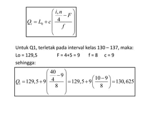 Untuk Q1, terletak pada interval kelas 130 – 137, maka:
Lo = 129,5 F = 4+5 = 9 f = 8 c = 9
sehingga:
0
,
4
i
i n
F
Q L c
f
 

 
   
 
 
1
40
9
10 9
4
129,5 9 129,5 9 130,625
8 8
Q
 

  
 
    
   
 
 
 
 