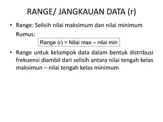 RANGE/ JANGKAUAN DATA (r)
• Range: Selisih nilai maksimum dan nilai minimum
Rumus:
• Range untuk kelompok data dalam bentuk distribusi
frekuensi diambil dari selisih antara nilai tengah kelas
maksimun – nilai tengah kelas minimum
Range (r) = Nilai max – nilai min
 