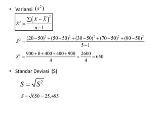 • Variansi
• Standar Deviasi (S)
2
( )
s
 
2
2
1
X X
S
n
 


2 2 2 2 2
2 (20 50) (50 50) (30 50) (70 50) (80 50)
5 1
S
        


2 900 0 400 400 900 2600
650
4 4
S
   
  
2
S S

650 25,495
S  
 
