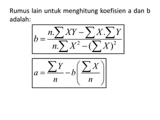 Rumus lain untuk menghitung koefisien a dan b
adalah:
2 2
. .
. ( )
n XY X Y
b
n X X



  
 
Y X
a b
n n
 
   
 
 
 
 