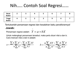 Nih….. Contoh Soal Regresi……
Berat
Badan
2 3 4 5 6 7 8
Tinggi
Badan
4 5 2 3 9 6 7
Tentukanlah persamaan regresi dan kesalahan baku penafsirannya!
Jawab:
Persamaan regresi adalah:
^
Y a bX
 
Untuk melengkapi persamaan tersebut, maka perlu dicari nilai a dan b.
Cara mencari nilai a dan b adalah:
2
2 2
. .
. ( )
Y X X XY
a
n X X



   
  2 2
. .
. ( )
n XY X Y
b
n X X



  
 
 