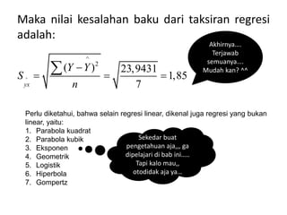 Maka nilai kesalahan baku dari taksiran regresi
adalah:
^
^
2
( ) 23,9431
1,85
7
yx
Y Y
S
n

  

Perlu diketahui, bahwa selain regresi linear, dikenal juga regresi yang bukan
linear, yaitu:
1. Parabola kuadrat
2. Parabola kubik
3. Eksponen
4. Geometrik
5. Logistik
6. Hiperbola
7. Gompertz
Sekedar buat
pengetahuan aja,,, ga
dipelajari di bab ini…..
Tapi kalo mau,,
otodidak aja ya…
Akhirnya….
Terjawab
semuanya….
Mudah kan? ^^
 