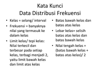 Kata Kunci
Data Distribusi Frekuensi
• Kelas = selang/ interval
• Frekuensi = banyaknya
nilai yang termasuk ke
dalam kelas
• Limit kelas/ tepi kelas:
Nilai terkecil dan
terbesar pada setiap
kelas, terbagi menjadi 2,
yaitu limit bawah kelas
dan limit atas kelas
• Batas bawah kelas dan
batas atas kelas
• Lebar kelas= selisih
batas atas kelas dan
batas bawah kelas
• Nilai tengah kelas =
(batas bawah kelas +
batas atas kelas)/ 2
 