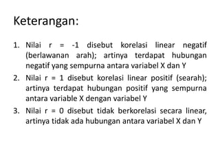 Keterangan:
1. Nilai r = -1 disebut korelasi linear negatif
(berlawanan arah); artinya terdapat hubungan
negatif yang sempurna antara variabel X dan Y
2. Nilai r = 1 disebut korelasi linear positif (searah);
artinya terdapat hubungan positif yang sempurna
antara variable X dengan variabel Y
3. Nilai r = 0 disebut tidak berkorelasi secara linear,
artinya tidak ada hubungan antara variabel X dan Y
 