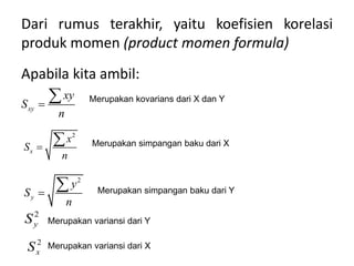 Dari rumus terakhir, yaitu koefisien korelasi
produk momen (product momen formula)
Apabila kita ambil:
xy
xy
S
n


2
x
x
S
n


2
y
y
S
n


Merupakan kovarians dari X dan Y
Merupakan simpangan baku dari X
Merupakan simpangan baku dari Y
2
y
S Merupakan variansi dari Y
2
x
S Merupakan variansi dari X
 