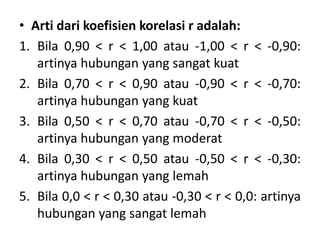 • Arti dari koefisien korelasi r adalah:
1. Bila 0,90 < r < 1,00 atau -1,00 < r < -0,90:
artinya hubungan yang sangat kuat
2. Bila 0,70 < r < 0,90 atau -0,90 < r < -0,70:
artinya hubungan yang kuat
3. Bila 0,50 < r < 0,70 atau -0,70 < r < -0,50:
artinya hubungan yang moderat
4. Bila 0,30 < r < 0,50 atau -0,50 < r < -0,30:
artinya hubungan yang lemah
5. Bila 0,0 < r < 0,30 atau -0,30 < r < 0,0: artinya
hubungan yang sangat lemah
 