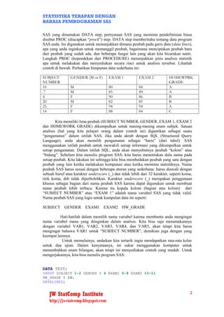 STATISTIKA TERAPAN DENGAN
BAHASA PEMROGRAMAN SAS

SAS yang dinamakan DATA step; pernyataan SAS yang meminta pendefinisian biasa
disebut PROC (diucapkan “prock”) step. DATA step memberitahu tentang data program
SAS anda. Ini digunakan untuk menunjukkan dimana peubah pada garis data (data lines),
apa yang anda inginkan untuk memanggil peubah, bagaimana menciptakan peubah baru
dari peubah yang sudah ada, dan beberapa fungsi lain yang akan kita bicarakan nanti.
Langkah PROC (kependekan dari PROCEDURE) menunjukkan jenis analisis statistik
apa untuk melakukan dan menyediakan secara rinci untuk analisis tersebut. Lihatlah
contoh di bawah. Perhatikan himpunan data sederhana ini:

SUBJECT         GENDER (M or F)        EXAM 1            EXAM 2            HOMEWPRK
NUMBER                                                                     GRADE
10              M                      80                84                A
.7              M                      85                89                A
4               F                      90                86                B
20              M                      82                85                B
25              F                      94                94                A
14              F                      88                84                C

        Kita memiliki lima peubah (SUBJECT NUMBER, GENDER, EXAM 1, EXAM 2
dan HOMEWORK GRADE) dikumpulkan untuk masing-masing enam subjek. Satuan
analisis (hal yang kita pelajari orang dalam contoh ini) digantikan sebagai suatu
“pengamatan” dalam istilah SAS. Jika anda akrab dengan SQL (Structured Query
Language), anda akan memilih pengamatan sebagai “baris” (dari tabel). SAS
menggunakan istilah peubah untuk mewakili setiap informasi yang dikumpulkan untuk
setiap pengamatan. Dalam istilah SQL, anda akan menyebutnya peubah “kolom” atau
“bidang”. Sebelum kita menulis program SAS, kita harus menentukan dulu nama pada
setiap peubah. Kita lakukan ini sehingga kita bisa membedakan peubah yang satu dengan
peubah yang lain ketika melakukan komputasi atau ketika meminta statistiknya. Nama
peubah SAS harus sesuai dengan beberapa aturan yang sederhana: harus diawali dengan
sebuah huruf atau karakter underscore (_) dan tidak lebih dari 32 karakter, seperti koma,
titik koma, dsb tidak diperbolehkan. Karakter underscore (_) merupakan penggunaan
khusus sebagai bagian dari nama peubah SAS karena dapat digunakan untuk membuat
nama peubah lebih terbaca. Karena itu kepala kolom (bagian atas kolom) dari
“SUBJECT NUMBER” atau “EXAM 1” adalah nama variabel SAS yang tidak valid.
Nama peubah SAS yang logis untuk kumpulan data ini seperti:

SUBJECT     GENDER       EXAM1 EXAM2           HW_GRADE

          Hati-hatilah dalam memilih nama variabel karena membantu anda mengingat
nama variabel mana yang diinginkan dalam analisis. Kita bisa saja menamakannya
dengan variabel VAR1, VAR2, VAR3, VAR4, dan VAR5, akan tetapi kita harus
mengingat bahawa VAR1 untuk “SUBJECT NUMBER”, demikian juga dengan yang
keempat lainnya.
           Untuk memulainya, andaikan kita tertarik ingin mendapatkan rata-rata kelas
untuk dua ujian. Dalam kenyataanya, ini sukar menggunakan komputer untuk
menambahkan enam bilangan, akan tetapi ini menyediakan contoh yang mudah. Untuk
mengerjakannya, kita bisa menulis program SAS:


DATA TEST;
INPUT SUBJECT 1-2 GENDER $ 4 EXAM1 6-8 EXAM2 10-11
HW_GRADE $ 14;
DATALINES;


    JW StatComp Institute                                                              2
    http://jwstatcomp.blogspot.com
 