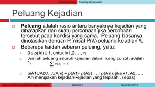 Konsep Peluang Peluang dan Kejadian 
Peluang Kejadian 
 Peluang adalah rasio antara banyaknya kejadian yang 
diharapkan dari suatu percobaan jika percobaan 
tersebut pada kondisi yang sama. Peluang biasanya 
dinotasikan dengan P, misal P(A) peluang kejadian A. 
 Beberapa kaidah sebaran peluang, yaitu: 
1. 0  p(Ai)  1, untuk i=1,2, …, n 
2. Jumlah peluang seluruh kejadian dalam ruang contoh adalah 
1, 
n 
  
i p x 
( ) 1 
 
1 
i 
3. p(A1UA2U…UAm) = p(A1)+p(A2)+…+p(Am), jika A1, A2, …, 
Am merupakan kejadian-kejadian yang terpisah . (lepas) 
Rully Aprianto (rully.aprianto74@gmail.com) Statistika 1 November 2013 
 