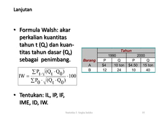 Lanjutan 
• Formula Walsh: akar 
perkalian kuantitas 
tahun t (Qt) dan kuan-titas 
tahun dasar (Q0) 
sebagai penimbang. 
    
P0 (Qt Q0) 
• Tentukan: IL, IP, IF, 
IME, ID, IW. 
Tahun 
1990 2000 
P Q P Q 
Barang 
A $4 10 ton $4.50 15 ton 
B 12 24 10 40 
100 
Statistika I: Angka Indeks 10 
Pt (Qt Q0) 
IW  
   
 