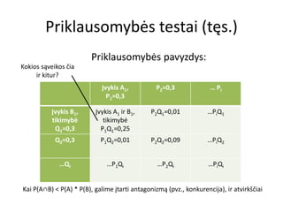 Priklausomybės testai (tęs.)
Įvykis A1,
P1=0,3
P2=0,3 … Pi
Įvykis B1,
tikimybė
Q1=0,3
Įvykis A1 ir B1,
tikimybė
P1Q1=0,25
P2Q1=0,01 …PiQ1
Q2=0,3 P1Q2=0,01 P2Q2=0,09 …PiQ2
…Qi …P1Qi …P2Qi …PiQi
Priklausomybės pavyzdys:
Kokios sąveikos čia
ir kitur?
Kai P(A∩B) < P(A) * P(B), galime įtarti antagonizmą (pvz., konkurencija), ir atvirkščiai
 