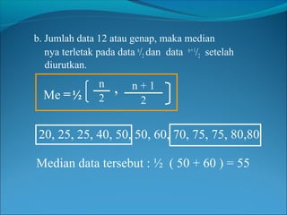 b. Jumlah data 12 atau genap, maka median
   nya terletak pada data n/2 dan data n + 1/2 setelah
   diurutkan.
                 n        n+1
  Me = ½           ,
                 2         2


 20, 25, 25, 40, 50, 50, 60, 70, 75, 75, 80,80

Median data tersebut : ½ ( 50 + 60 ) = 55
 