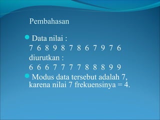 Pembahasan

Data nilai :
 7 6 8 9 8 7 8 6 7 9 7 6
 diurutkan :
 6 6 6 7 7 7 7 8 8 8 9 9
Modus data tersebut adalah 7,
 karena nilai 7 frekuensinya = 4.
 