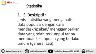 Statistika
1. S. Deskriptif :
jenis statistika yang menganalisis
data populasi dengan cara
mendeskripsikan/ menggambarkan
data yang telah terkumpul tanpa
membuat kesimpulan yang berlaku
umum (generalisasi).
www.pnf.unnes.ac.id pnf@mail.unnes.ac.id Pendidikan Nonformal FIP UNNES pnfunnes
 