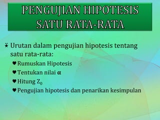 ⍣ Urutan dalam pengujian hipotesis tentang
satu rata-rata:
♥Rumuskan Hipotesis
♥Tentukan nilai 𝛂
♥Hitung Z0
♥Pengujian hipotesis dan penarikan kesimpulan
 