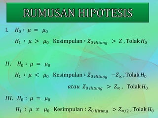 I. 𝐻0 ∶ 𝜇 = 𝜇0
𝐻1 ∶ 𝜇 > 𝜇0 Kesimpulan ∶ 𝑍0 𝐻𝑖𝑡𝑢𝑛𝑔 > 𝑍 , Tolak 𝐻0
𝐼𝐼. 𝐻0 ∶ 𝜇 = 𝜇0
𝐻1 ∶ 𝜇 < 𝜇0 Kesimpulan ∶ 𝑍0 𝐻𝑖𝑡𝑢𝑛𝑔 −𝑍∝ , Tolak 𝐻0
𝑎𝑡𝑎𝑢 𝑍0 𝐻𝑖𝑡𝑢𝑛𝑔 > 𝑍∝ , Tolak 𝐻0
𝐼𝐼𝐼. 𝐻0 ∶ 𝜇 = 𝜇0
𝐻1 ∶ 𝜇 ≠ 𝜇0 Kesimpulan ∶ 𝑍0 𝐻𝑖𝑡𝑢𝑛𝑔 > 𝑍∝/2 , Tolak 𝐻0
 