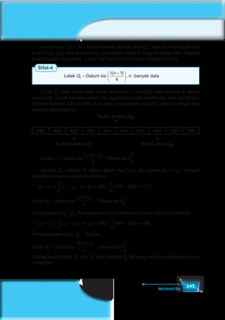 345Matematika
	 Kuartil satu (Q1
) atau kuartil bawah, kuartil dua (Q2
) atau kuartil tengah dan
kuartil tiga (Q3
) atau kuartil atas, merupakan statistik yang membagi data menjadi
empat bagian yang sama.  Letak tiap kuartil didefinisikan sebagai berikut.
Sifat-4
Letak Datum ke- , banyak dataQ
i n
n1
1
4
=
+





( )
:
	Letak Qi
tidak selalu pada posisi datum ke-i, mungkin juga terletak di antara
dua datum. Untuk keadaan seperti ini, diggunakan pola pendekatan atau interpolasi.
Melihat kembali data di atas, kita akan menentukan statistik yang membagi data
menjadi empat bagian.
350 400 450 550 600 600 600 650 700 750
Kuartil bawah (Q1
) Kuartil atas (Q3
)
Kuartil tengah (Q2
)
	Letak Q1
= Datum ke
1 10 1
4
3
4
.( )+
= Datum ke 2
1 10 1
4
3
4
.( )+
.
	Artinya Q1
terletak di antara datum ke-2 (x2
) dan datum ke-3 (x3
). Dengan
pendekatan datum interpolasi berikut.
 Q x x x Q1 2 3 2 1
3
4
400
3
4
450 400 437 5= + − ⇔ = + − =( ) ( ) , .
Letak Q2
= Datum ke
2 10 1
4
( )+
= Datum ke 5
1
5
1
6
1
2
1
3
1
4
2
3
3
4
3
2
4
3
.
Analog dengan Q1
, Q2
ditentukan melalui pendekatan datum interpolasi berikut.
 Q x x x Q2 5 6 5 2
1
2
600
1
2
600 600 600= + − ⇔ = + − =( ) ( ) .
Sebagai catatan nilai Q2
= Median.
Letak Q3
= Datum ke
3 10 1
4
( )+
= Datum ke 8
1
5
1
6
1
2
1
3
1
4
2
3
3
4
3
2
4
3
.
Analog juga dengan Q1
dan Q2
, nilai statistik Q3
dihitung melalui pendekatan datum
interpolasi.
 