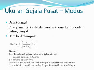 Ukuran Gejala Pusat – Modus
 Data tunggal
  Cukup mencari nilai dengan frekuensi kemunculan
  paling banyak
 Data berkelompok
                      b1
   Mo    Li                     p
                 b1        b2

  Dimana :
  Li = Batas bawah kelas modus, yaitu kelas interval
       dengan frekuensi terbanyak
  p = panjang kelas interval
  b1 = selisih frekuensi kelas modus dengan frekuensi kelas sebelumnya
  b2 = selisih frekuensi kelas modus dengan frekuensi kelas sesudahnya
 