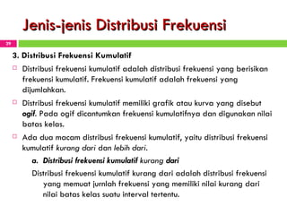 Jenis-jenis Distribusi Frekuensi 3 .   Distribusi Frekuensi  Kumulatif Distribusi frekuensi kumulatif adalah distribusi frekuensi yang berisikan frekuensi kumulatif. Frekuensi kumulatif adalah frekuensi yang dijumlahkan. Distribusi frekuensi kumulatif memiliki grafik atau kurva yang disebut  ogif .  Pada ogif dicantumkan frekuensi kumulatifnya dan digunakan nilai batas kelas. Ada dua macam distribusi frekuensi kumulatif, yaitu distribusi frekuensi kumulatif  kurang dari  dan  lebih dari. a. Distribusi frekuensi kumulatif  kurang  dari Distribusi frekuensi kumulatif kurang dari adalah distribusi frekuensi yang memuat jurnlah frekuensi yang memiliki nilai kurang dari nilai batas kelas suatu interval tertentu. 