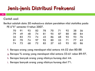 Jenis-jenis Distribusi Frekuensi Contoh soal: Berikut adalah data 50 mahasiswa dalam perolehan nilai statistika pada FE U”X” semester II tahun 2007. Berapa orang yang mendapat nilai antara 44-52 dan 80-88 Berapa % orang yang mendapat nilai antara 53-61 ndan 89-97. Berapa banyak orang yang nilainya kurang dari 44. Berapa banyak orang yang nilainya kurang dari 71. 7 0 91 93 82 78 70 71 92 38 56 7 9 49 48 74 81 95 87 80 80 84 35 83 73 74 43 86 68 92 93 76 81 70 74 97 95 80 53 71 77 63 74 73 68 72 85 57 65 93 83 86 