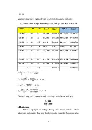 2
= 1,2760
Karena a kurang dari 3 maka distribusi keruncingn data disebut platikurtis.
1. Tentukanlah derajat keruncingan dan jenisnya dari data berikut ini.
modal f M f.m (x-𝑿
̃)2
f.(x-𝒙)𝟐
̃ (m-𝑿
̃)𝟑
f.(m-𝒙)𝟑
̃
112-1120 4 116 464 601,4756 2405,9024 361772,9275 1447091,71
121-129 5 125 625 241,0256 1205,1280 58093.3519 290466,7595
130-138 8 134 1072 42,5756 340,6048 1812,38 14501,47076
139-147 12 143 1716 6,1256 73,5072 37,5233 450,2794
148-156 5 152 760 131,666756 658,3780 17338,4702 86692,3511
157-165 4 161 644 419,2256 1676,9024 175750,1247 703000,4986
166-174 2 170 340 868,7756 1737,5513 754771,0866 1509542173
40 5621 8097,9741 4051745,243
𝑥
̃=
∑ 𝑓.𝑚
∑𝑓
=
5621
40
= 140,525
𝑠2
=
∑ 𝑓(𝑥−𝑥)2
̃
𝑛−1
=
8097,9741
39
= 207,64
S= √𝑠2 = √207,64= 14,410
𝒂𝟒=
∑ 𝒇(𝒎−𝒙)𝟒
̃
𝒏𝒔𝟒 =
𝟒𝟎𝟓𝟏𝟕𝟒𝟓𝟐𝟒𝟑
𝟒𝟎.(𝟏𝟒,𝟒𝟏𝟎)𝟒 = 𝟐, 𝟑𝟒𝟗
Karena a kurang dari 3 maka distribusi keruncingan data disebut platikurtis
BAB III
PENUTUP
3.1 kesimpulan
Statistika dipelajari di berbagai bidang ilmu karena statistika adalah
sekumpulan alat analisis data yang dapat membantu pengambil keputusan untuk
 