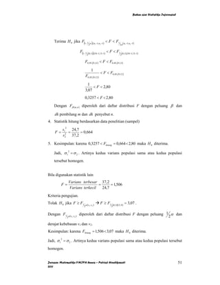 Bahan ajar Statistika Inferensial




    Terima H 0 jika F(1− 1 α ),(n −1,n −1) < F < F1 (n −1,n −1)
                          2      1    2            2α 1    2



                               F(1− 1       (0,1)),(10−1,13−1)
                                                                 < F < F1           (0,1),(10−1,13−1)
                                        2                                       2


                                   F0,95,(9,12 ) < F < F0,05,(9,12 )

                                               1
                                                        < F < F0,05,(9,12 )
                                      F0, 05,(9,12 )

                                     1
                                        < F < 2,80
                                   3,07
                                   0,3257 < F < 2,80
    Dengan Fβ (m,n ) diperoleh dari daftar distribusi F dengan peluang β dan

    dk pembilang m dan dk penyebut n.
4. Statistik hitung berdasarkan data penelitian (sampel)
             2
            s1    24,7
    F=        2
                =      = 0,664
            s2 37,2

5. Kesimpulan: karena 0,3257 < Fhitung = 0,664 < 2,80 maka H 0 diterima.

    Jadi, σ 1 = σ 2 . Artinya kedua varians populasi sama atau kedua populasi
                 2



    tersebut homogen.


Bila digunakan statistik lain
                     Varians terbesar 37,2
         F=                           =      = 1,506
                     Varians terkecil   24,7
Kriteria pengujian.
Tolak H 0 jika F ≥ F1              α (v1 ,v2 )
                                                        F ≥ F1         (0,1)(12, 9 )
                                                                                       = 3,07 .
                                  2                                2


Dengan F1        α (v1 ,v2 )
                               diperoleh dari daftar distribusi F dengan peluang 1 α dan
                 2                                                                2
derajat kebebasan v1 dan v2.
Kesimpulan: karena Fhitung = 1,506 < 3,07 maka H 0 diterima.

Jadi, σ 1 = σ 2 . Artinya kedua varians populasi sama atau kedua populasi tersebut
        2



homogen.


Jurusan Matematika FMIPA Unnes – Putriaji Hendikawati                                                                              51
2011
 