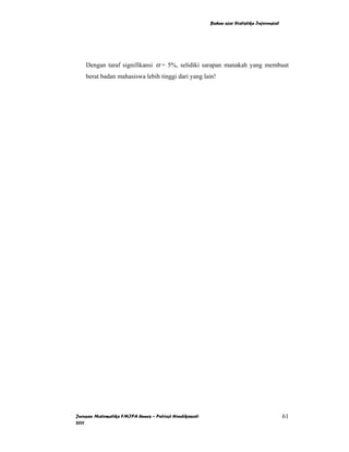 Bahan ajar Statistika Inferensial




    Dengan taraf signifikansi α = 5%, selidiki sarapan manakah yang membuat
    berat badan mahasiswa lebih tinggi dari yang lain!




Jurusan Matematika FMIPA Unnes – Putriaji Hendikawati                                       61
2011
 