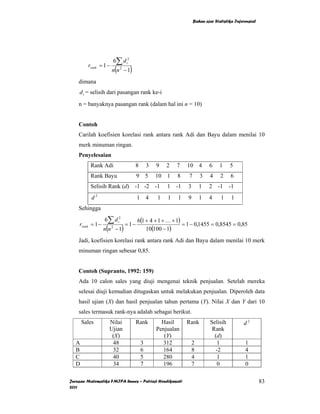 Bahan ajar Statistika Inferensial




                          6∑ d i2
        rrank = 1 −
                          (
                      n n2 −1       )
    dimana
    d i = selisih dari pasangan rank ke-i

    n = banyaknya pasangan rank (dalam hal ini n = 10)


    Contoh
    Carilah koefisien korelasi rank antara rank Adi dan Bayu dalam menilai 10
    merk minuman ringan.
    Penyelesaian
         Rank Adi                       8        3   9   2   7   10 4        6     1    5
         Rank Bayu                       9       5   10 1    8   7       3   4     2    6
         Selisih Rank (d) -1 -2 -1                       1 -1    3       1   2 -1       -1
          d2                             1 4         1   1   1   9       1   4     1     1
    Sehingga
                  6∑ d i2                6(1 + 4 + 1 + K + 1)
    rrank = 1 −                   = 1−                        = 1 − 0,1455 = 0,8545 = 0,85
                  (
                  n n −1
                      2
                              )              10(100 − 1)
    Jadi, koefisien korelasi rank antara rank Adi dan Bayu dalam menilai 10 merk
    minuman ringan sebesar 0,85.


    Contoh (Supranto, 1992: 159)
    Ada 10 calon sales yang diuji mengenai teknik penjualan. Setelah mereka
    selesai diuji kemudian ditugaskan untuk melakukan penjualan. Diperoleh data
    hasil ujian (X) dan hasil penjualan tahun pertama (Y). Nilai X dan Y dari 10
    sales termasuk rank-nya adalah sebagai berikut.
      Sales           Nilai             Rank           Hasil     Rank         Selisih          d2
                      Ujian                          Penjualan                 Rank
                       ( X)                             (Y)                     ( d)
  A                    48                    3         312           2            1             1
  B                    32                    6         164           8          -2              4
  C                    40                    5         280           4            1             1
  D                    34                    7         196           7            0             0

Jurusan Matematika FMIPA Unnes – Putriaji Hendikawati                                                    83
2011
 