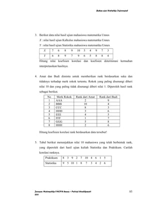 Bahan ajar Statistika Inferensial




3. Berikut data nilai hasil ujian mahasiswa matematika Unnes
    X : nilai hasil ujian Kalkulus mahasiswa matematika Unnes
    Y : nilai hasil ujian Statistika mahasiswa matematika Unnes
        X        7    6     8     9    10     5       4   9    7     3
        Y        6    8     9     7     9     6       5   8    8     4
    Hitung nilai koefisien korelasi dan koefisien determinasi kemudian
    interpretasikan hasilnya.


4. Amat dan Budi diminta untuk memberikan rank berdasarkan suka dan
    tidaknya terhadap merk rokok tertentu. Rokok yang paling disenangi diberi
    nilai 10 dan yang paling tidak disenangi diberi nilai 1. Diperoleh hasil rank
    sebagai berikut.
            No        Merk Rokok      Rank dari Amat          Rank dari Budi
            1        AAA                    2                       9
            2        BBB                    10                      4
            3        CCC                    8                       3
            4        DDD                    3                       6
            5        EEE                    4                       5
            6        FFF                    1                       7
            7        GGG                    5                       8
            8        HHH                    2                       6

    Hitung koefisien korelasi rank berdasarkan data tersebut!


5. Tabel berikut menunjukkan nilai 10 mahasiswa yang telah berbentuk rank,
    yang diperoleh dari hasil ujian kuliah Statistika dan Praktikum. Carilah
    korelasi ranknya.
         Praktikum        8 3 9       2 7 10 4            6 1 5
         Statistika       9 5 10 1 8              7   3   4 2 6




Jurusan Matematika FMIPA Unnes – Putriaji Hendikawati                                         85
2011
 