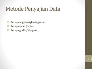 Metode Penyajian Data
 Berupa angka-angka ringkasan.
 Berupa tabel (daftar)
 Berupa grafik / diagram
7
 