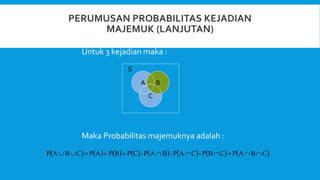 Untuk 3 kejadian maka :
Maka Probabilitas majemuknya adalah :
               
C
B
A
P
C
B
P
-
C
A
P
-
B
A
P
-
C
P
B
P
A
P
C
B
A
P 










B
A
S
C
 