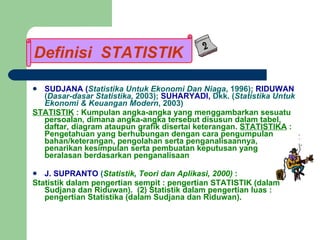 Definisi STATISTIK SUDJANA ( Statistika Untuk Ekonomi Dan Niaga , 1996);  RIDUWAN  ( Dasar-dasar Statistika,  2003);  SUHARYADI,  Dkk. ( Statistika Untuk Ekonomi & Keuangan Modern , 2003) STATISTIK  : Kumpulan angka-angka yang menggambarkan sesuatu persoalan, dimana angka-angka tersebut disusun dalam tabel, daftar, diagram ataupun grafik disertai keterangan.  STATISTIKA  : Pengetahuan yang berhubungan dengan cara pengumpulan bahan/keterangan, pengolahan serta penganalisaannya, penarikan kesimpulan serta pembuatan keputusan yang beralasan berdasarkan penganalisaan J. SUPRANTO  ( Statistik, Teori dan Aplikasi, 2000)  :  Statistik dalam pengertian sempit : pengertian STATISTIK (dalam Sudjana dan Riduwan).  (2) Statistik dalam pengertian luas : pengertian Statistika (dalam Sudjana dan Riduwan). Definisi  STATISTIK 