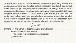 Titik-titik pada diagram pencar tersebut membentuk pola yang menyerupai
garis lurus. Artinya, ada korelasi antara kepadatan penduduk dan jumlah
kasus Covid-19. Jika diagram pencar menunjukkan adanya korelasi antara
dua variabel, kita dapat membuat garis-garis yang ditarik dari titik-titik pada
diagram pencar tersebut. Diantara semua garis tersebut, hanya ada satu
garis yang paling tepat menggambarkan hubungan antara dua variabel.
Garis tersebut disebut garis regresi atau garus best-fit. Persamaan garis
regresi sederhana sering dituliskan dalam bentuk umum berikut ini.
Dimana = nilai variabel dependen yang diprediksikan
= nilai variabel independen
= koefisien regresi (gradien garis regresi)
= konstanta
 