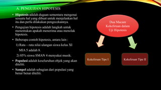 A. PENGUJIAN HIPOTESIS
• Hipotesis adalah dugaan sementara mengenai
sesuatu hal yang dibuat untuk menjelaskan hal
itu dan perlu dilakukan pengecekannya.
• Pengujian hipotesis adalah langkah untuk
menentukan apakah menerima atau menolak
hipotesis.
• Beberapa contoh hipotesis, antara lain :
1) Rata – rata nilai ulangan siswa kelas XI
MIA 5 adalah 8.
2) 85% siswa SMAN 4 menyukai musik.
• Populasi adalah keseluruhan objek yang akan
diteliti.
• Sampel adalah sebagian dari populasi yang
benar benar diteliti.
Dua Macam
Kekeliruan dalam
Uji Hipotesis
Kekeliruan Tipe I Kekeliruan Tipe II
 
