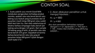 CONTOH SOAL
• 1. Suatu pabrik susu merek Good Milk
melakukan pengecekan terhadap produk
mereka, apakah rata-rata berat bersih satu
kaleng susu bubuk yang di produksi dan di
pasarkan masih tetap 400 gram atau sudah
lebih kecil dari itu. Dari data sebelumnya di
ketahui bahwa simpangan baku bersih per
kaleng sama dengan 125 gram. Dari sample
50 kaleng yang di teliti, di peroleh rata-rata
berat bersih 375 gram. Dapatkah di terima
bahwa berat bersih rata-rata yang di
pasarkan tetap 400 gram? Ujilah dengan
taraf nyata 5 % !
• 2. Akan dilakukan penelitian untuk
menguji hipotesis :
H0 : μ = 800
H1 : μ ≠ 800
Jika dari penelitian terhadap sampel
dengan n = 21 diperoleh x = 795 dan n
= 100 , maka nilai statistik yang dihitung
adalah…
 