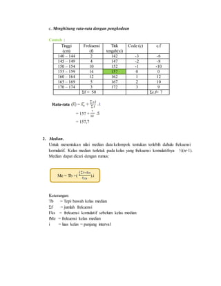 c. Menghitung rata-rata dengan pengkodean
Contoh :
Tinggi
(cm)
Frekuensi
(f)
Titik
tengah(xi)
Code (c) c.f
140 – 144 2 142 -3 -6
145 – 149 4 147 -2 -8
150 – 154 10 152 -1 -10
155 – 159 14 157 0 0
160 – 164 12 162 1 12
165 – 169 5 167 2 10
170 – 174 3 172 3 9
Σf = 50 Σc.f= 7
Rata-rata ( =
= 157 +
= 157,7
2. Median.
Untuk menentukan nilai median data kelompok tentukan terlebih dahulu frekuensi
komulatif. Kelas median terletak pada kelas yang frekuensi komulatifnya ½(n+1).
Median dapat dicari dengan rumus:
Me = Tb +( ).i
Keterangan:
Tb = Tepi bawah kelas median
Σf = jumlah frekuensi
Fks = frekuensi komulatif sebelum kelas median
fMe = frekuensi kelas median
i = luas kelas = panjang interval
 